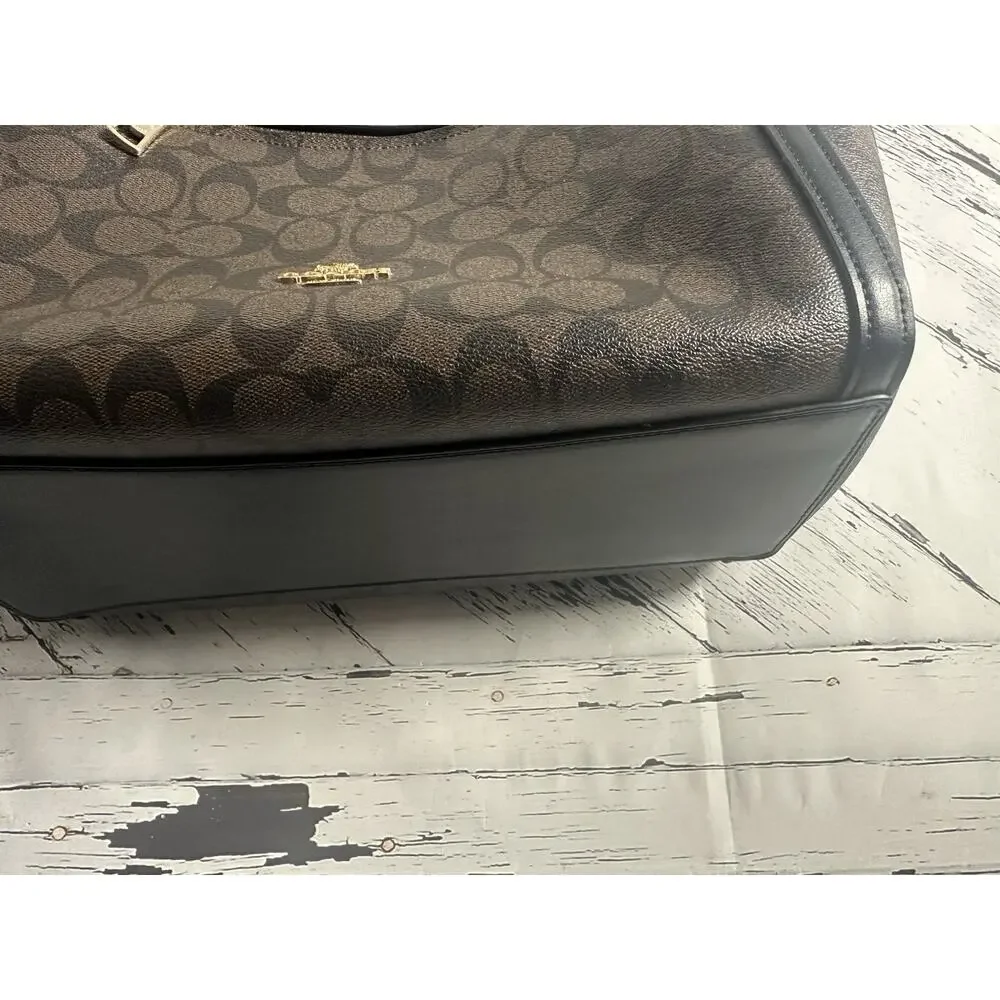 Coach Kristy Shoulder Bag Signature Canvas Brown Canvas Black Leather Trim